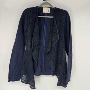 Illia Linen Laser Cut Leather Blazer Jacket Women's Size 2 Navy Open